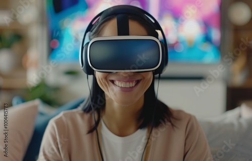 Woman Enjoying Virtual Reality Experience at Home in Cozy Living Room