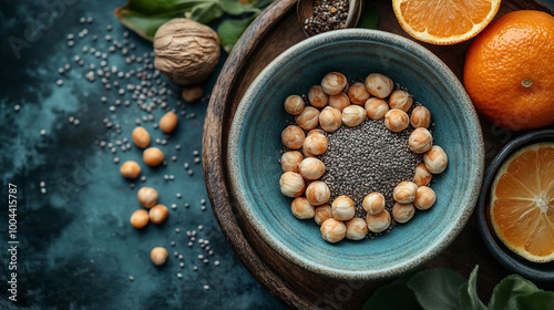 une photographie d'un repas de famille vu de haut ou l'on voit une table remplis de nourriture avec des graines de chia, il faut sue ce soit chic et lumineux photo