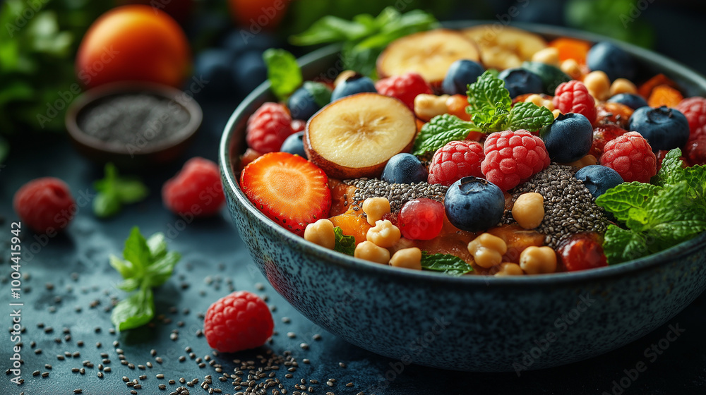 une photographie d'un repas de famille vu de haut ou l'on voit une table remplis de nourriture avec des graines de chia, il faut sue ce soit chic et lumineux une photographie d'un repas de famille vu de haut ou l'on voit une table remplis de nourriture avec des graines de chia, il faut sue ce soit chic et lumineux