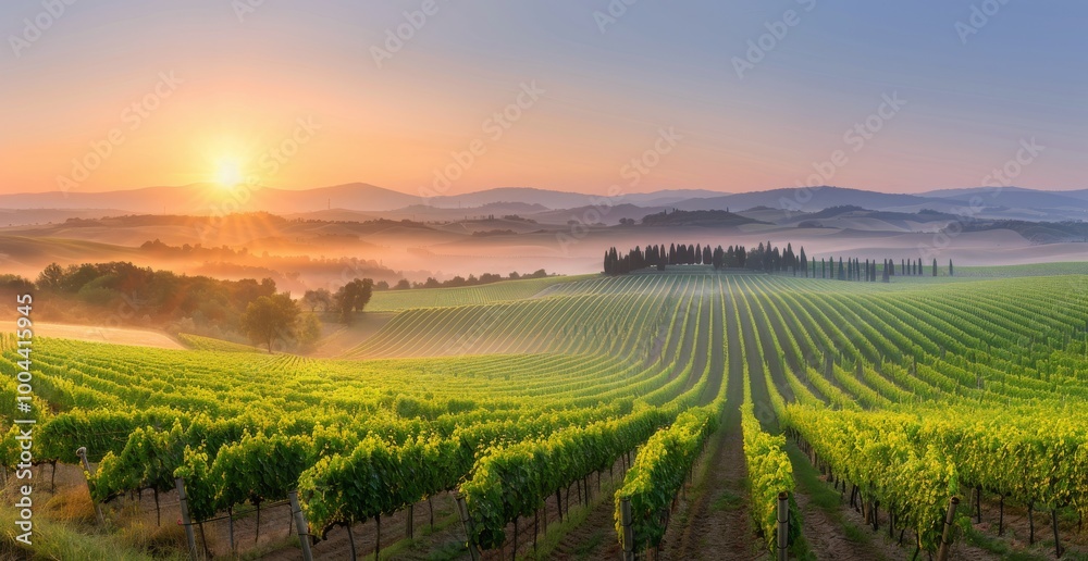 Sunrise Over Lush Vineyard Fields in Tuscany With Green Rows and Misty Mountains