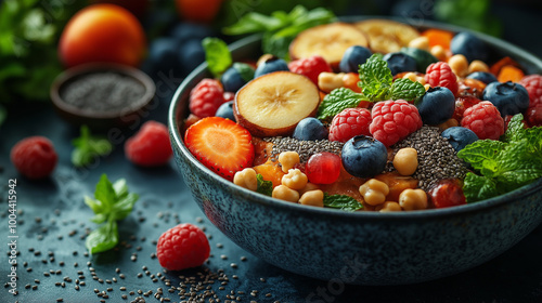 une photographie d'un repas de famille vu de haut ou l'on voit une table remplis de nourriture avec des graines de chia, il faut sue ce soit chic et lumineux