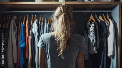 Woman with arms akimbo looking at her clothes in wardrobe