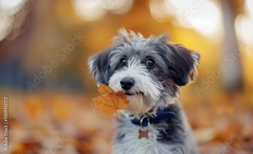 Happy Dog With Leaves in Mouth in Autumn Park