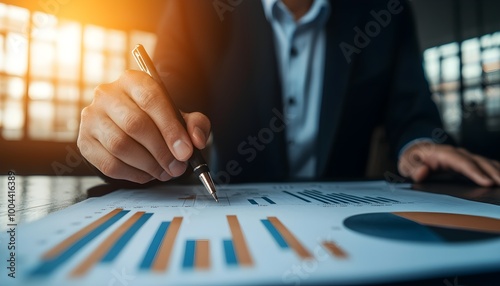 Consultant s pen pointing at financial figures in a business report, emphasizing professional consulting and strategic planning, good fingers, good hand photo