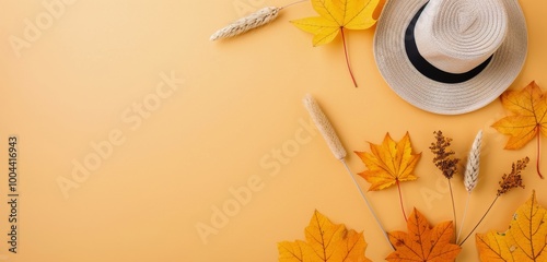 Autumn Leaves and Straw Hat on Warm Yellow Background