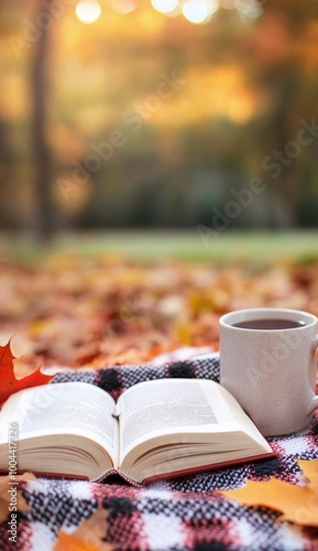 Cozy reading with a warm drink in a park filled with autumn leaves during the...