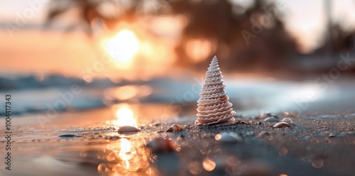 Miniature Christmas Tree on Beach at Sunset With Gentle Waves