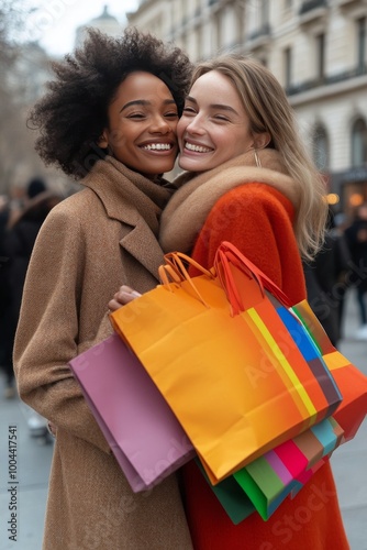 Two friends joyfully embrace while shopping on a busy city street during the ...