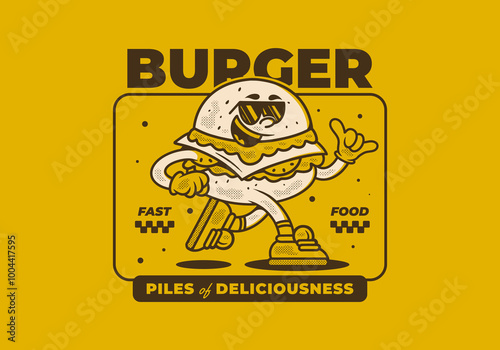 Burger, pile of deliciousness. Retro mascot character illustration of burger in running pose