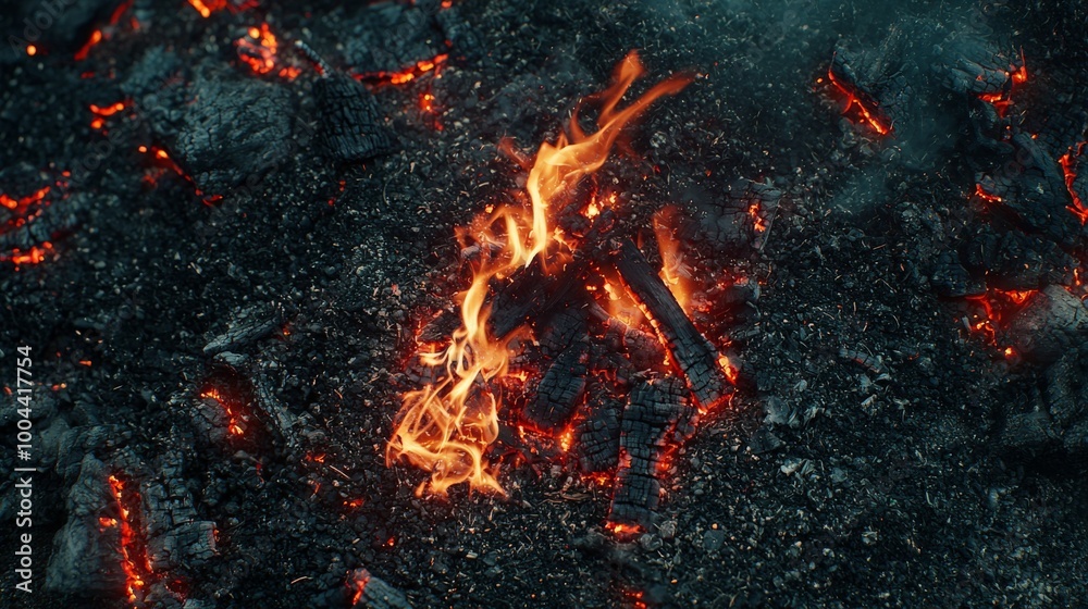 A close-up shot of glowing coals and burning wood in a campfire ...