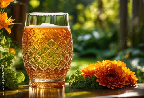 captivating low angle view handcrafted beer glass showcasing texture color vivid outdoor setting, ale, cold, drink, bubbles, froth, refreshing, amber, foam photo