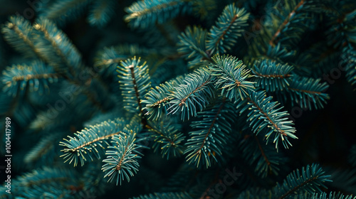 Beautiful christmas background with green fir tree brunch close up. Copy space, trendy moody dark toned design for seasonal quotes