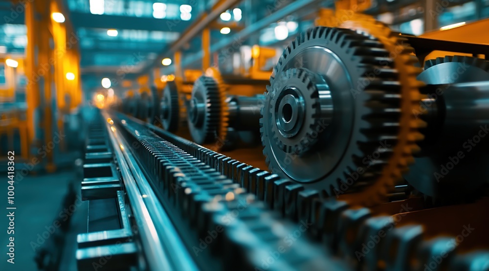 Fototapeta premium A factory production line with large gears and steel parts, representing the industrial theme of modern web design. 