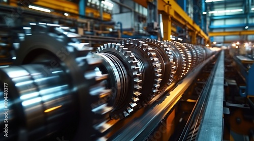 A factory production line with large gears and steel parts, representing the industrial theme of modern web design. 