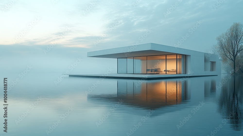 Modern house on water surrounded by misty landscape.