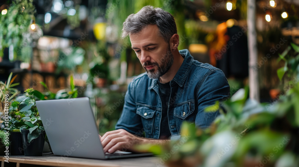 A focused man working on a laptop in a vibrant greenhouse filled with lush plants during the bright afternoon light A focused man working on a laptop in a vibrant greenhouse filled with lush plants during the bright afternoon light