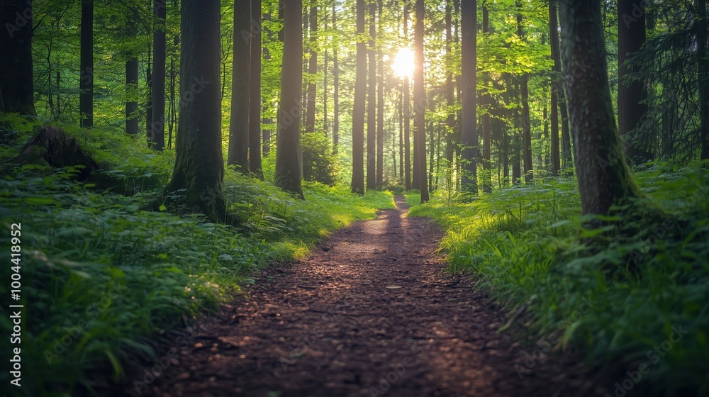 Obraz premium peaceful green forest path with sunlight filtering through trees
