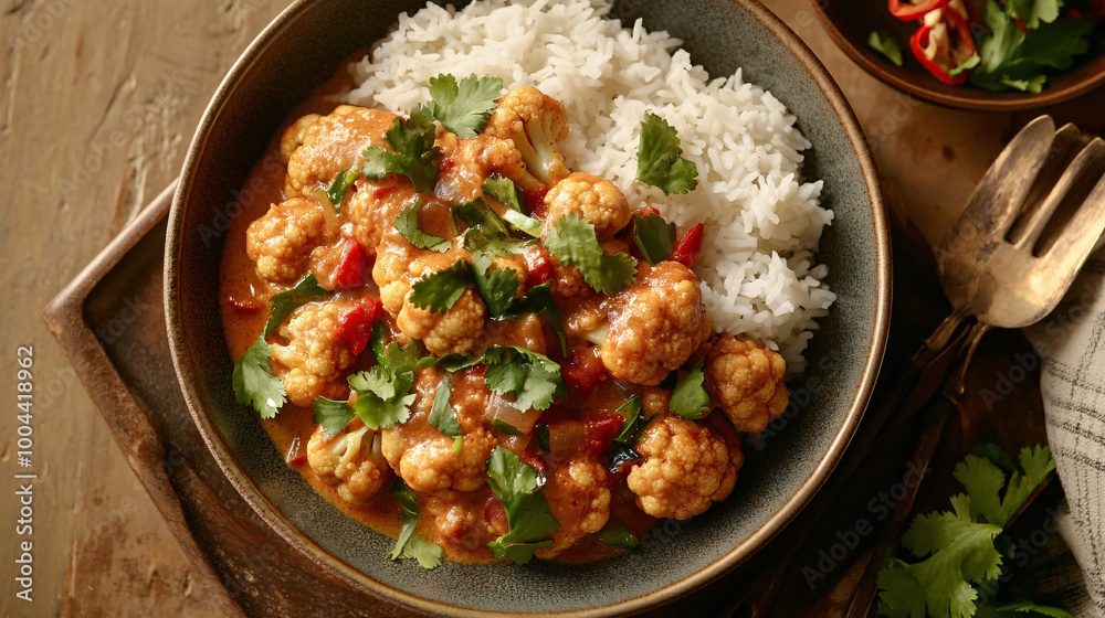 A savory cauliflower curry with coconut milk and spices served with rice. A savory cauliflower curry with coconut milk and spices served with rice.