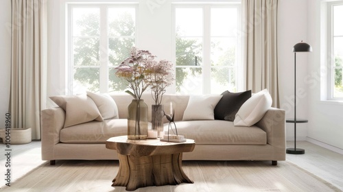 Modern living room with wooden coffee table and large windows