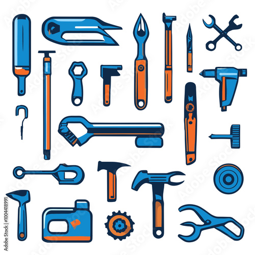 Isolated vector illustration of a set of old metal tools for construction work, including a hammer, screwdriver, wrench, pliers, saw, and spanner