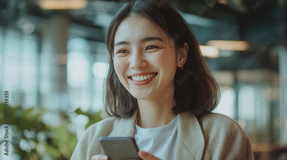 Happy Woman Using Smartphone in Modern Workspace Happy Woman Using Smartphone in Modern Workspace