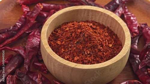 rotation chili pepper in wood bowl