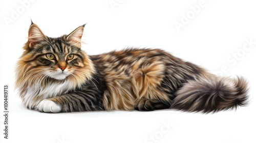 A majestic long-haired tabby cat with a mix of brown, black, and white fur, resting gracefully.