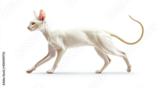 Elegant Sphynx cat with light-colored fur and prominent ears striding gracefully on a white background.