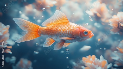 A vibrant goldfish swimming among colorful aquatic plants.