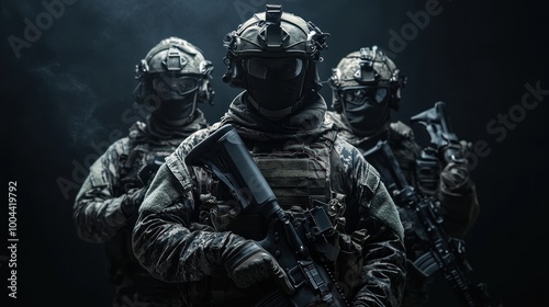 Three armed soldiers in tactical gear, positioned for a mission in a dark environment.