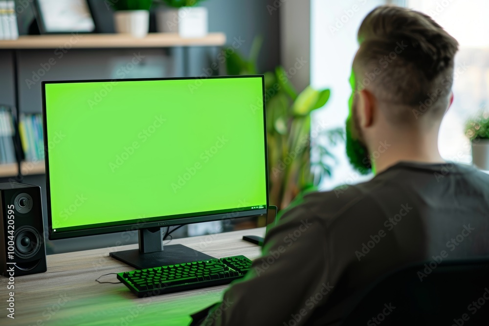 Display mockup man in his 30s in front of a computer with a fully green screen Display mockup man in his 30s in front of a computer with a fully green screen