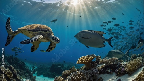 Majestic sea turtle making an appearance during a dive in clear tropical waters