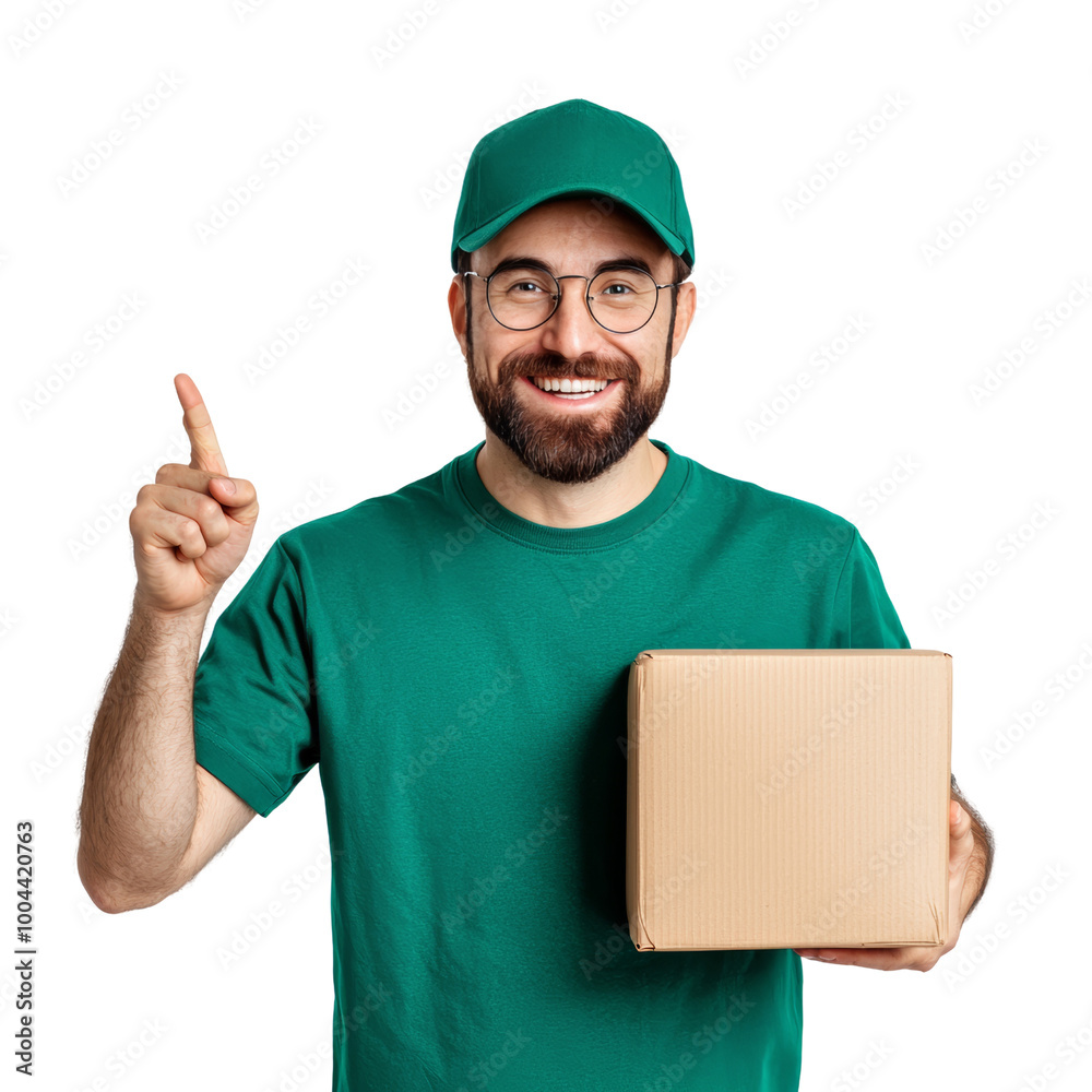 Smiling deliveryman in green uniform holding a cardboard box and pointing up, symbolizing fast delivery service isolated on white. isolated PNG transparent Background. Smiling deliveryman in green uniform holding a cardboard box and pointing up, symbolizing fast delivery service isolated on white. isolated PNG transparent Background.