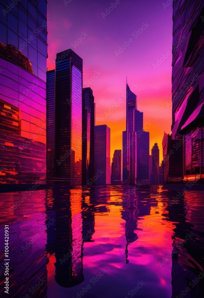 Obraz premium stunning cityscapes sunset brilliant vibrant hues capturing dramatic skyscapes urban silhouettes, architecture, buildings, skyline, evening, horizon, clouds