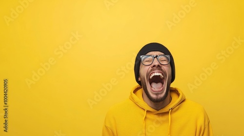 Joyful man expressing excitement against yellow background