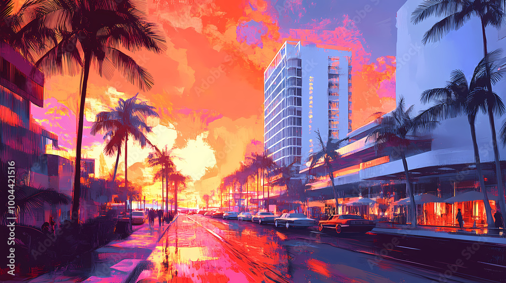 Fototapeta premium Illustrator art miami street. generative ai. Deco Art. Illustration