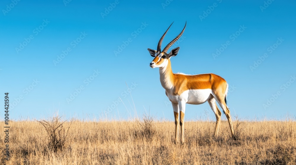Majestic antelope standing on a grassland, surrounded by nature with clear blue skies, perfect for wildlife conservation themes. Majestic antelope standing on a grassland, surrounded by nature with clear blue skies, perfect for wildlife conservation themes.