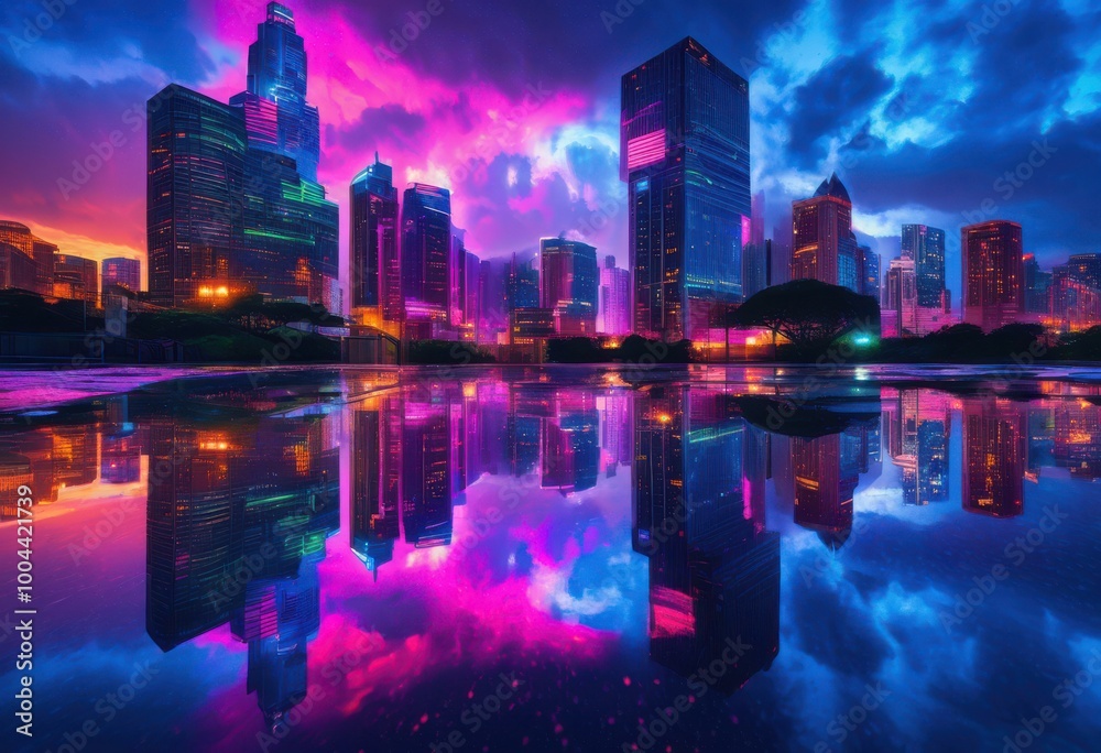 Fototapeta premium stunning cityscape reflections rain puddles dawn featuring vibrant lights colors, architecture, skyline, urban, buildings, ambiance, scene, horizon, depth
