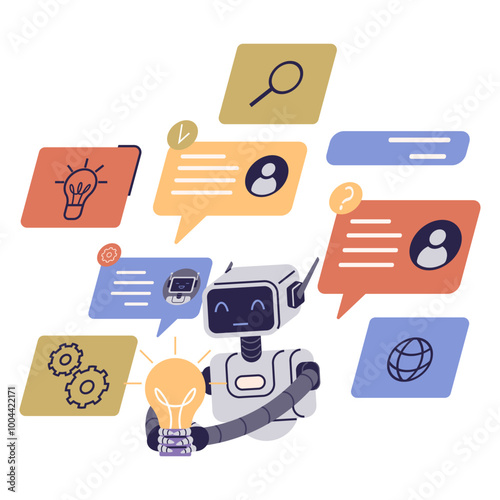 Friendly robot holding a lightbulb surrounded by colourful speech bubbles and icons. Ideal for technology, innovation, communication, artificial intelligence, educational content. Modern vector style