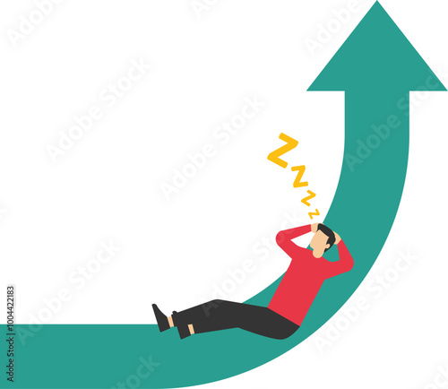 Human sleeping on progressive arrow graph. Symbol of power and success. Business finance. Modern flat vector illustration

