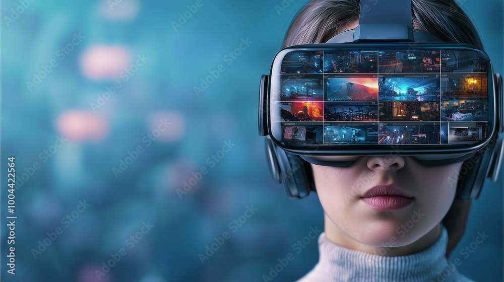 A person wearing virtual reality goggles, immersed in a digital experience, with images displayed on the headset. A person wearing virtual reality goggles, immersed in a digital experience, with images displayed on the headset.