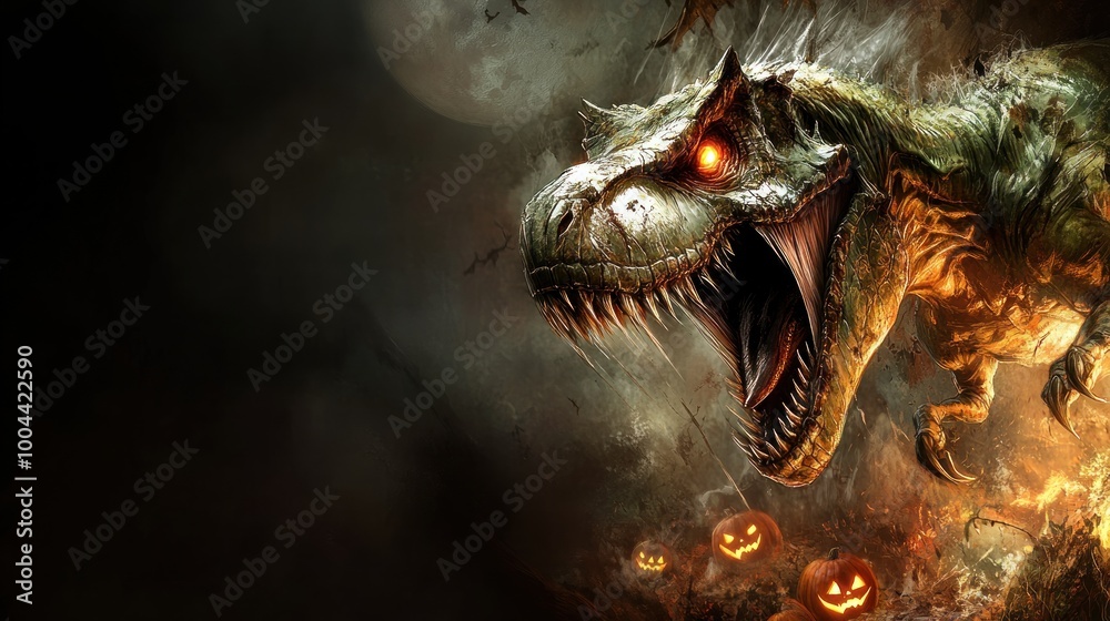 A Terrifying T-Rex Roars Under a Moonlit Sky Surrounded by Eerie Jack-O'-Lanterns and Flickering Shadows of Halloween Night. A Terrifying T-Rex Roars Under a Moonlit Sky Surrounded by Eerie Jack-O'-Lanterns and Flickering Shadows of Halloween Night.