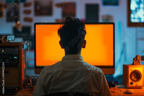 Device screen indian man in his 20s in front of a computer with a completely orange screen