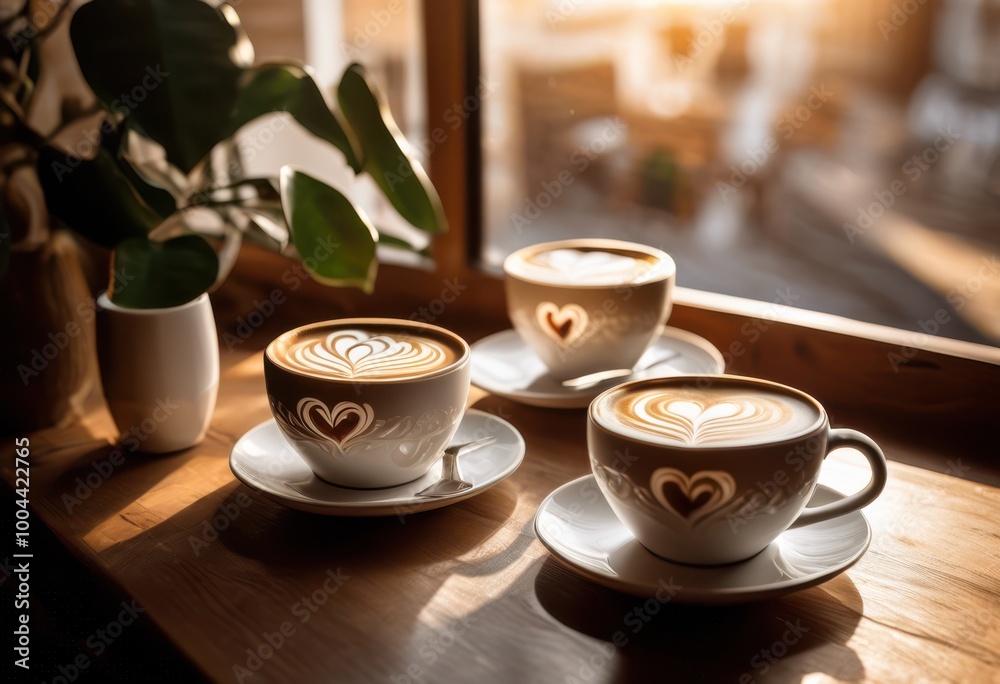 Fototapeta premium creative latte art designs displayed beautifully grained wooden table surrounded natural light warm ambiance, coffee, cream, foam, cup, espresso, beverage