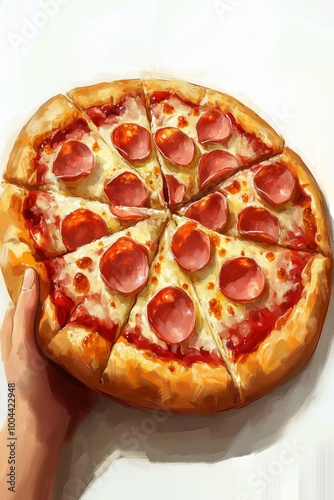 Pizza recién salida del horno con rodajas de pepperoni y queso derretido, sujeta por una mano lista para disfrutar. La masa esponjosa y el pepperoni crujiente son irresistibles. photo