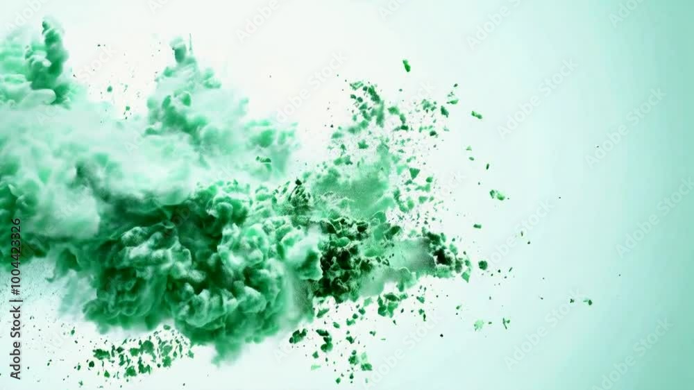 A vibrant green powder explosion against a light background, creating an artistic visual effect.