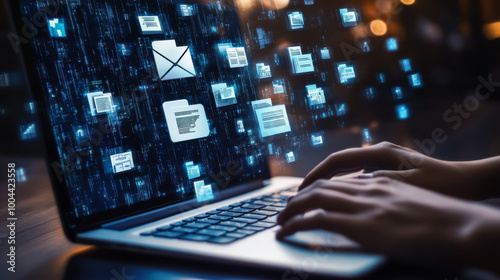 Creative professional working on a laptop surrounded by holographic digital communication symbols at night