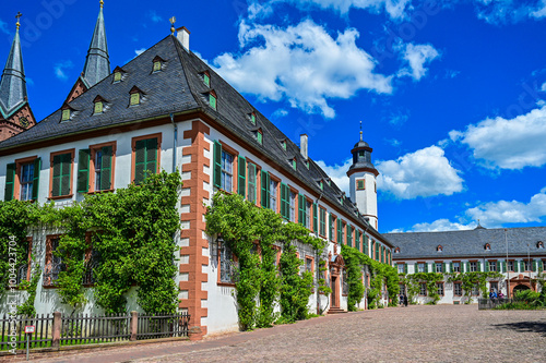 Kloster Seligenstadt mit blühendem Klostergarten im Sommer bei blauem Himmel und Sonnenschein, Seligenstadt, Hessen, Deutschland photo