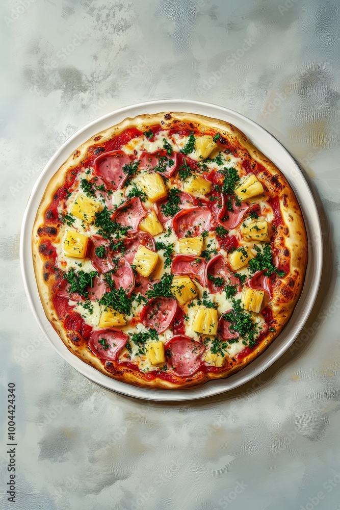 Pizza hawaiana con piña, jamón y una capa de perejil fresco. Los ...