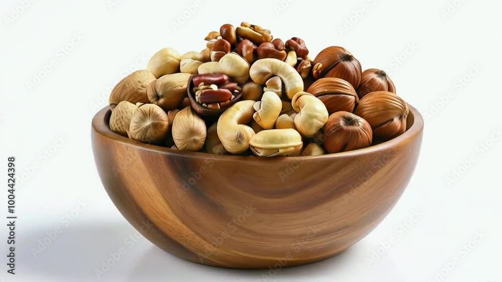 A wooden bowl filled with a variety of nuts, showcasing their diverse shapes and colors. A wooden bowl filled with a variety of nuts, showcasing their diverse shapes and colors.